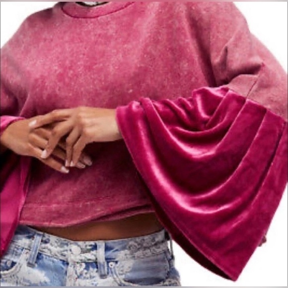 Free People Glorious Sweatshirt XS Bell Velvet Sleeves Oversized Cropped Maroon - Picture 3 of 14
